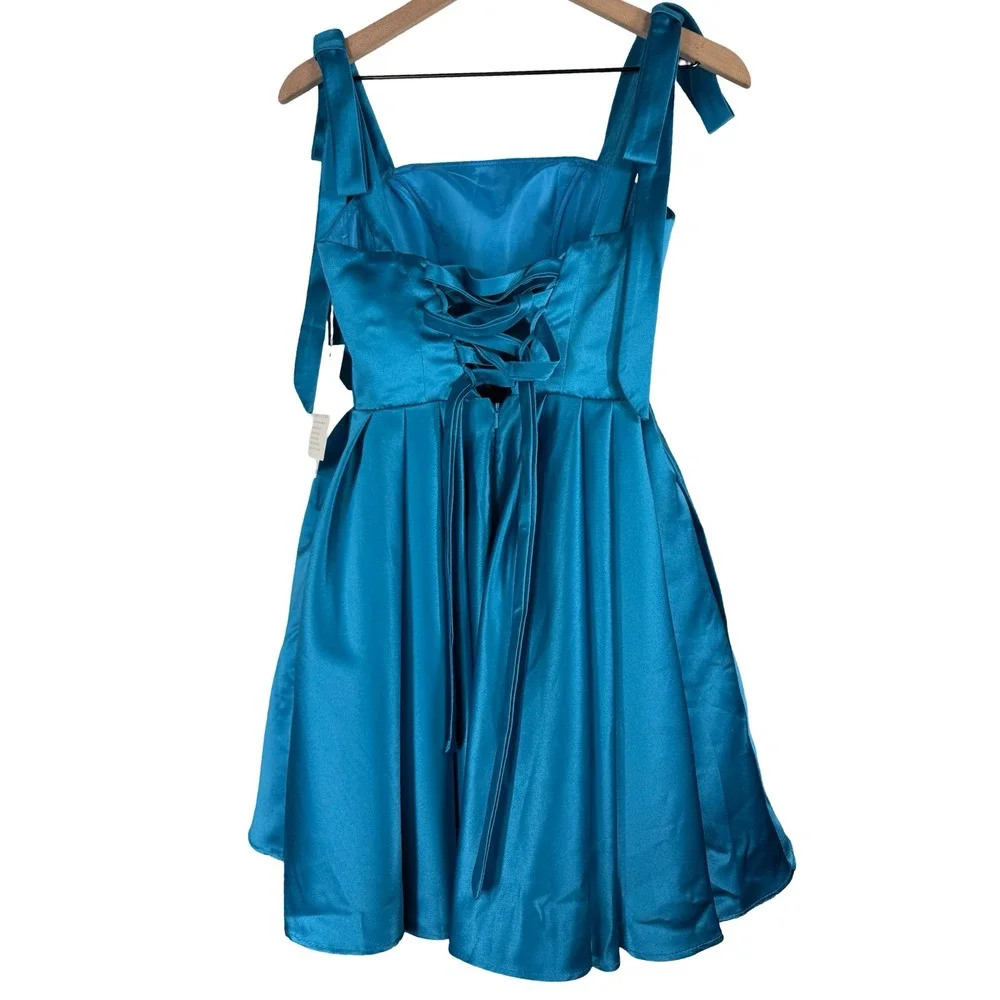 Witness of Love Teal Blue Satin Corset Back Tie Strap Mini‎ Dress Size 0 NWT